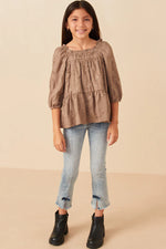 Brushed Floral Detailed Puff Sleeve Square Neck Top