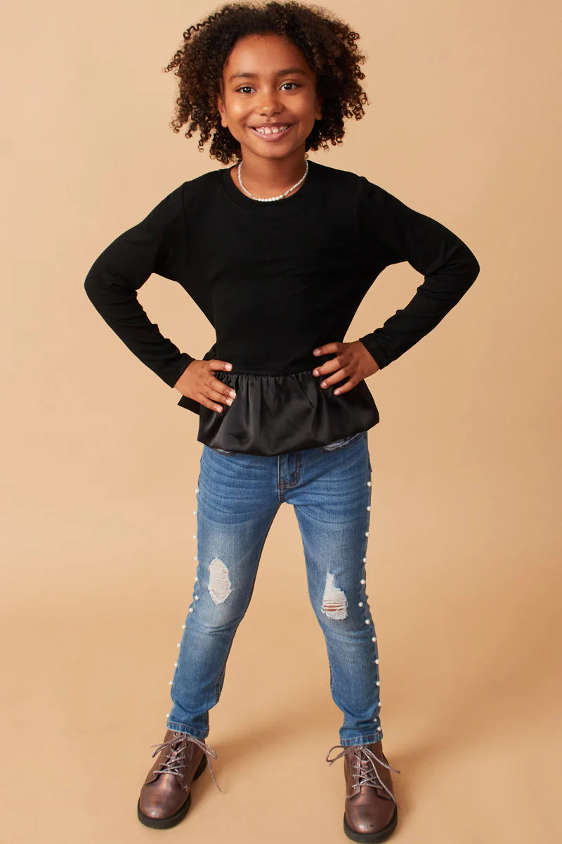Mix Media Long Sleeve Bubble Hem Peplum Top