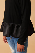 Mix Media Long Sleeve Bubble Hem Peplum Top