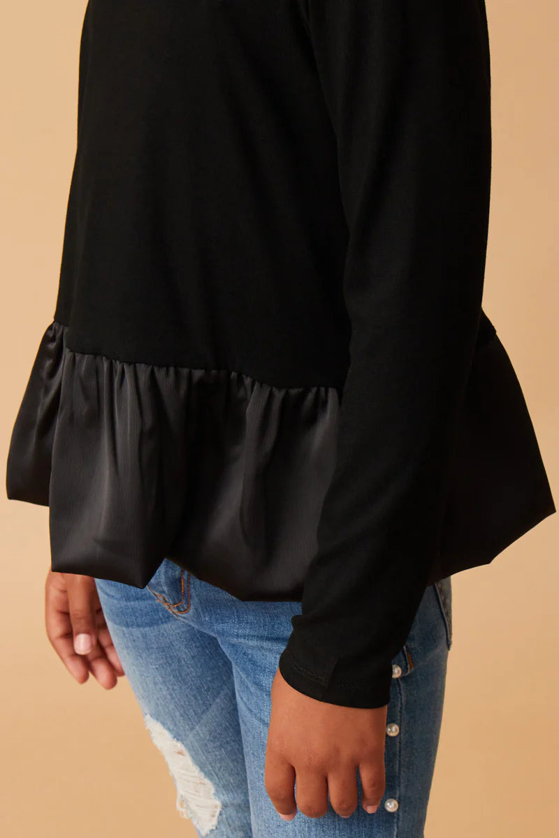 Mix Media Long Sleeve Bubble Hem Peplum Top