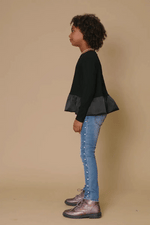 Mix Media Long Sleeve Bubble Hem Peplum Top
