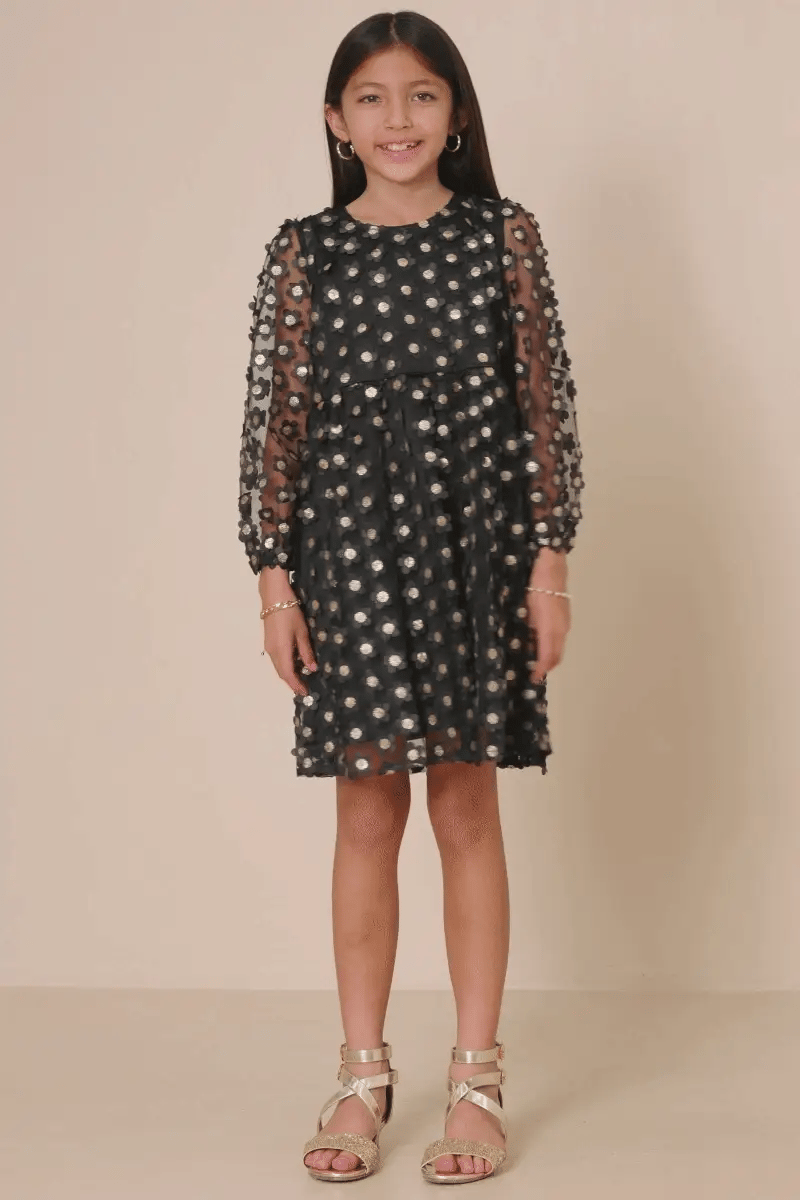 Sequined Floral Mesh Long Sleeve Dress