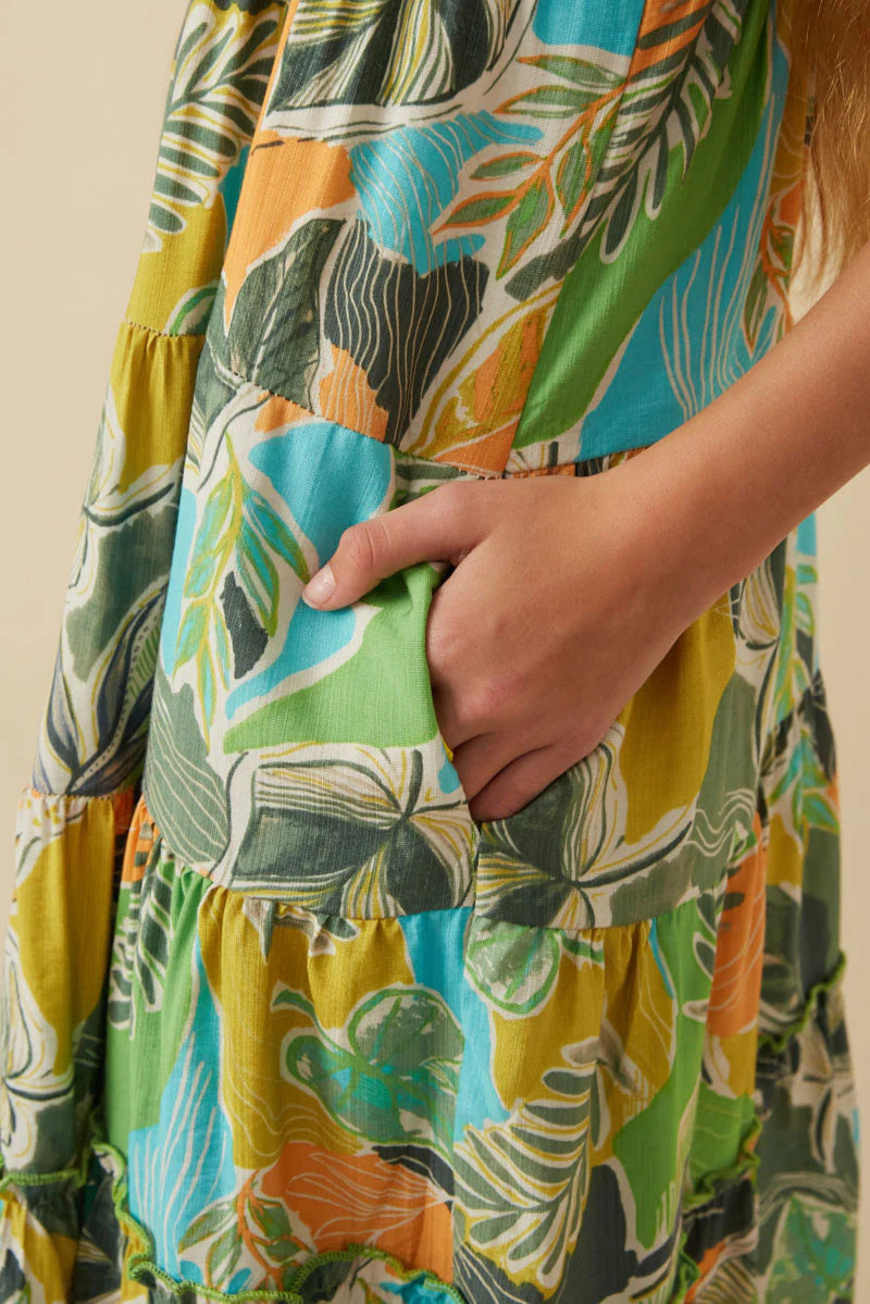 Textured Botanical Print Tiered Tank Dress