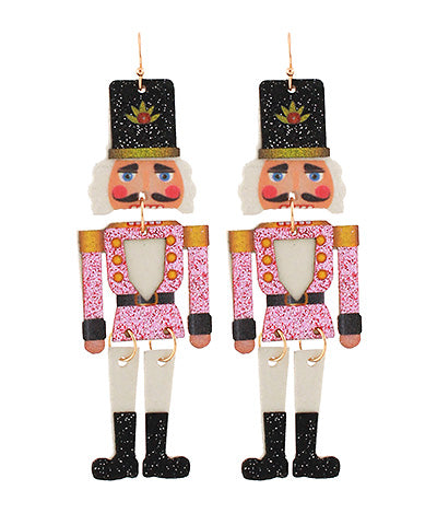 Glitter Nutcracker Drop Earrings- Pink