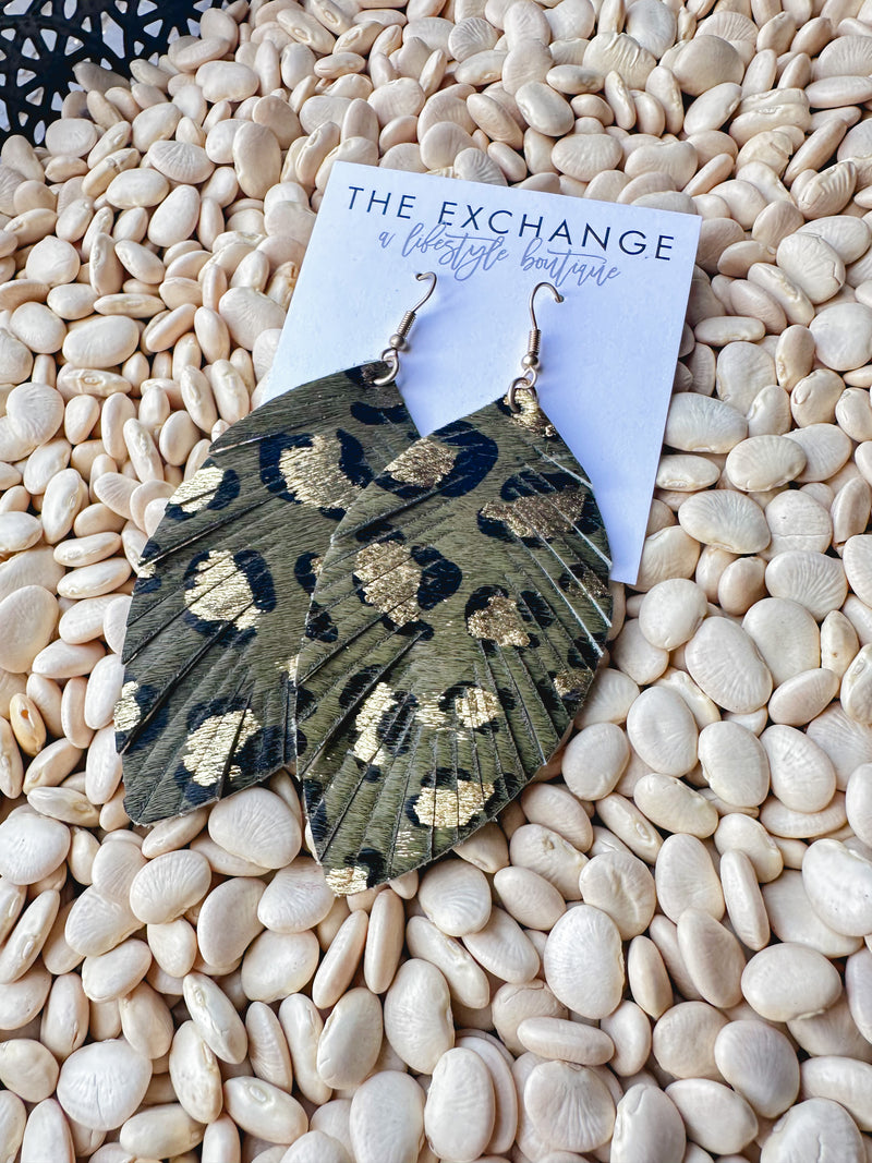 Leopard Leather Earring- Olive