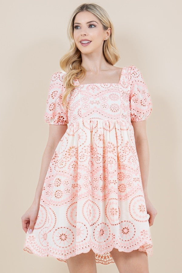 Holly Embroidered Puff Dress Pink