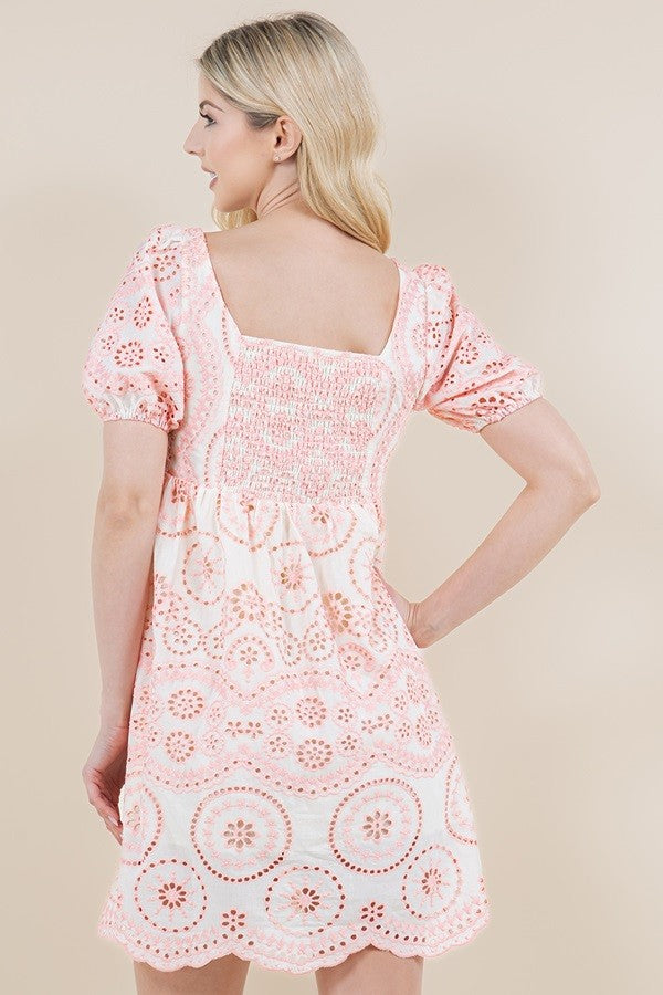 Holly Embroidered Puff Dress Pink
