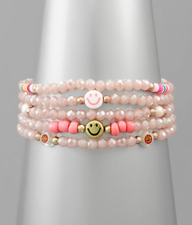 Smile Charm Bead Bracelet Set - Light Pink