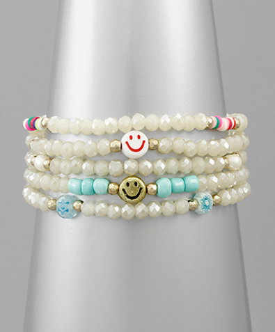 Smile Charm Bead Bracelet Set - Ivory/Mint