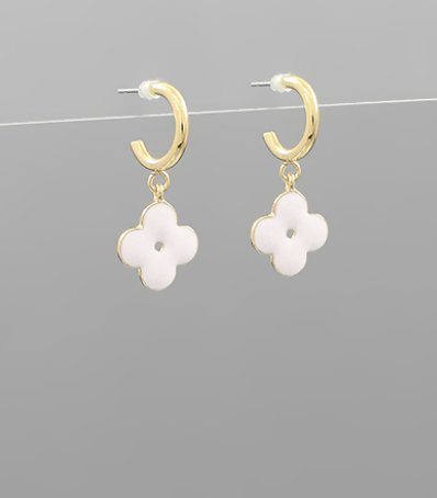 Epoxy Floral Dangle Hoops - White