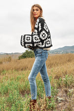 Two-Tone Floral Square Crochet Open Knit Cardigan