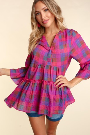 Come Around Plaid Top- Berry