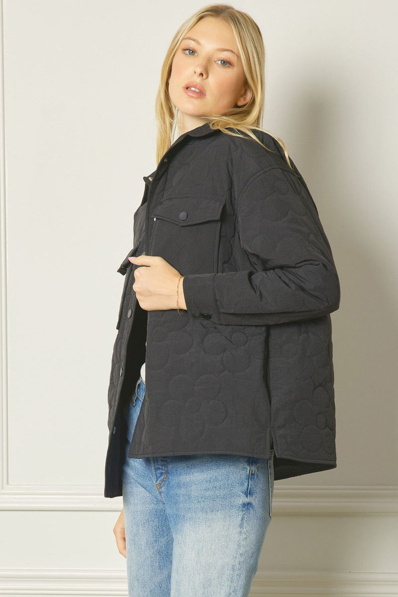 Floral Embroidered Puffy Jacket - Black