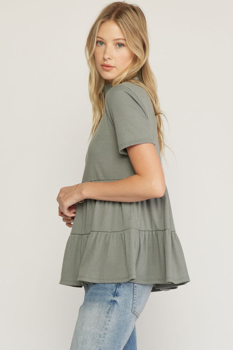 Shelby Ribbed High Neck Top- Khaki Green