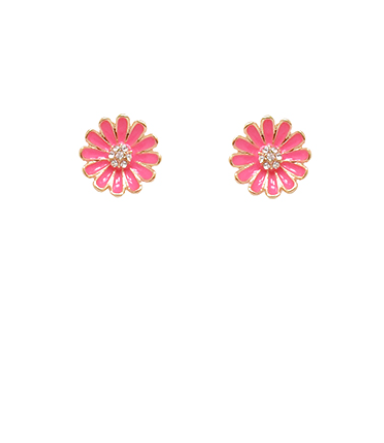 Crystal & Color Flower Earrings - Hot Pink