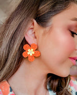 Raffia Flower Stud Earring- Orange