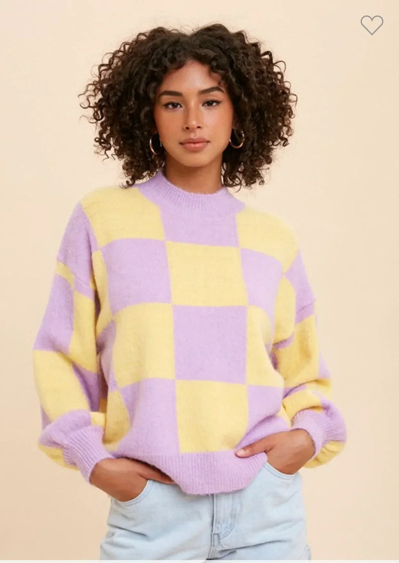 Retro Checkered Mock Neck Sweater