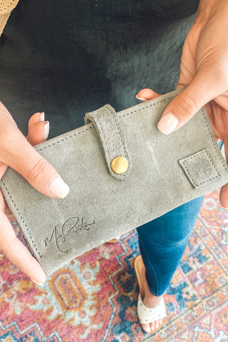 Missy Robertson Collection: Gray Suede Front Snap - shoptheexchange