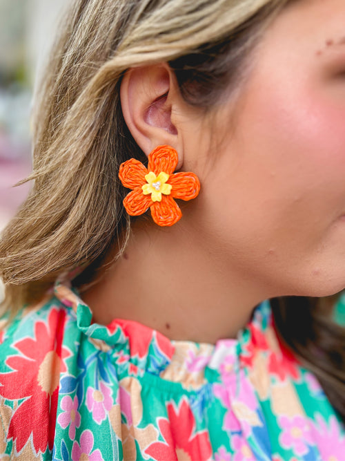 Raffia Flower Stud Earring- Orange