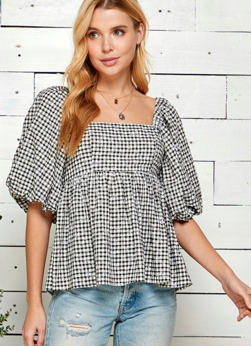 On the Move Gingham Babydoll Top