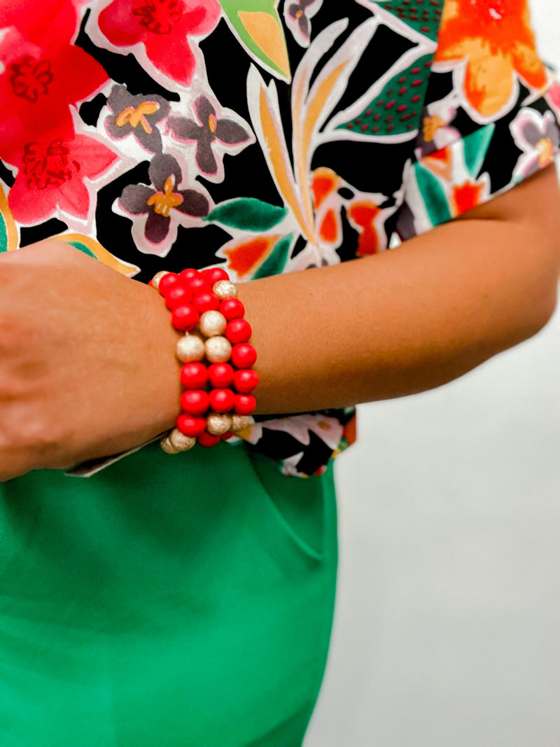 Fiery Coral & Gold Wooden Beaded Set