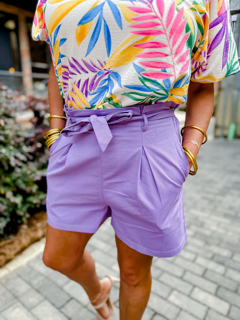 Tie Waist Pin Tuck Shorts- Lavender