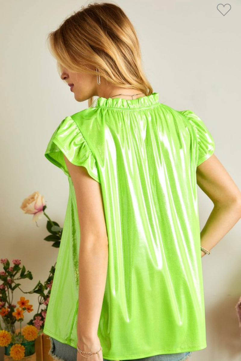 Ruffle Sleeve Foil Top- Green