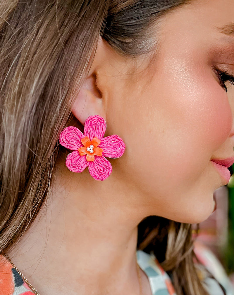 Raffia Flower Stud Earring- Pink