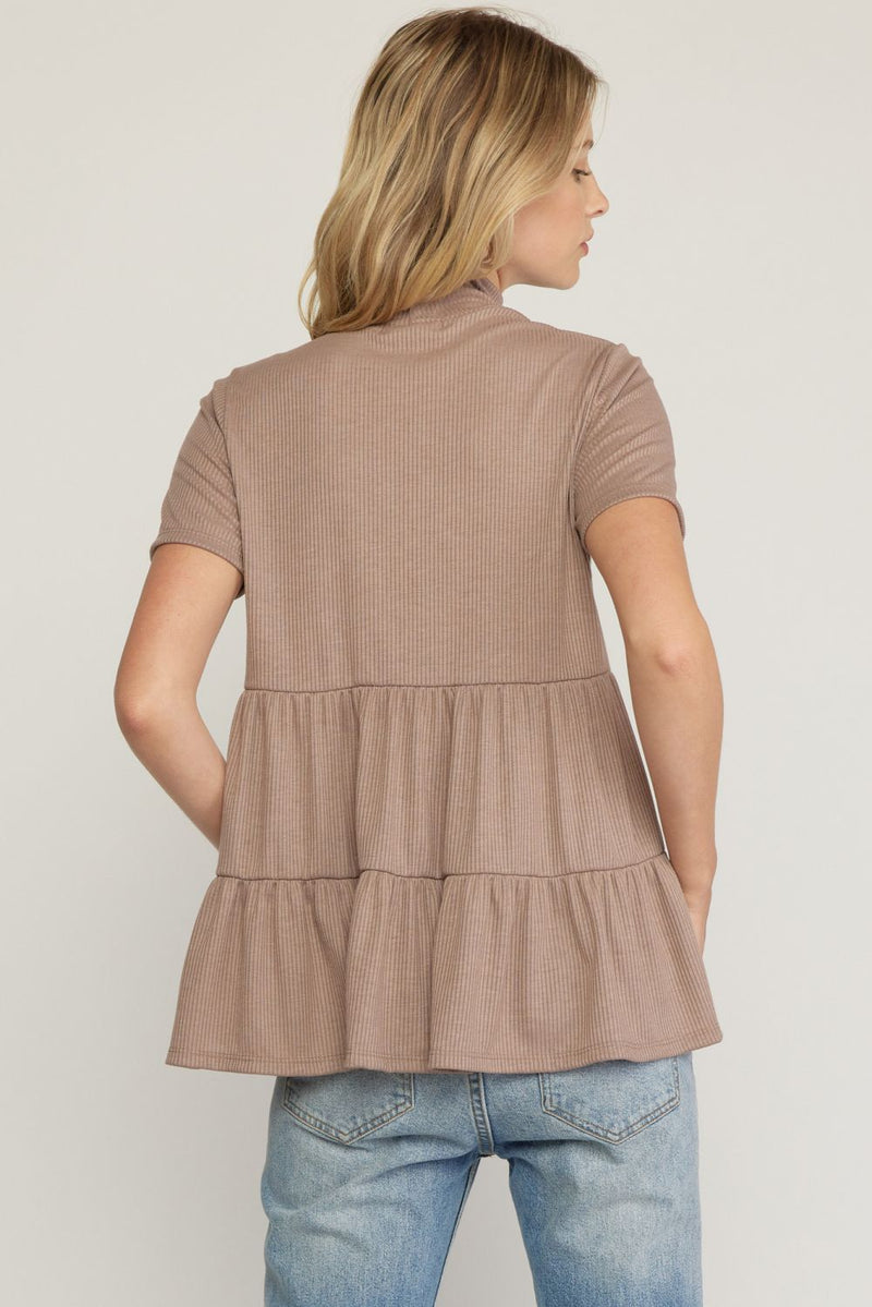 Shelby Ribbed High Neck Top- Coco