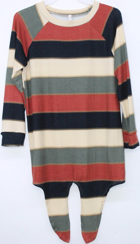 Rust/Olive Stripe Sweater Tied Tunic Top - shoptheexchange