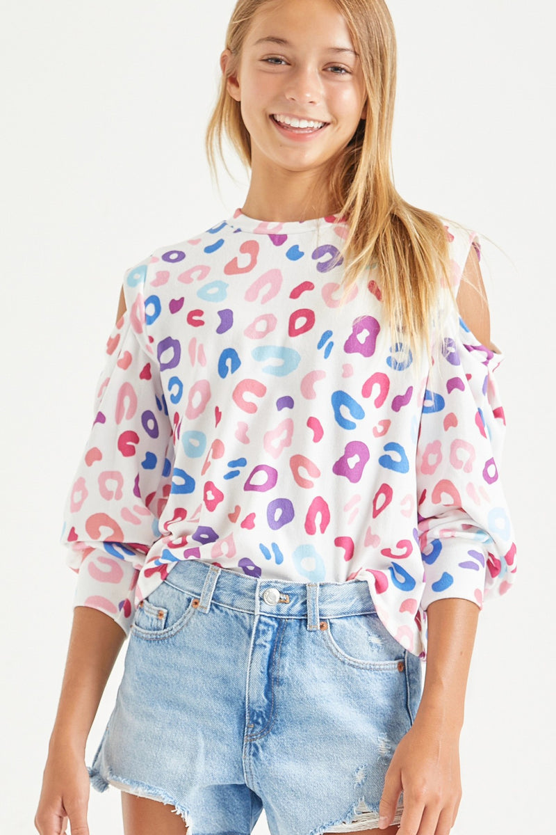Colorful Off WhiteLeopard Print Open Shoulder Sweater