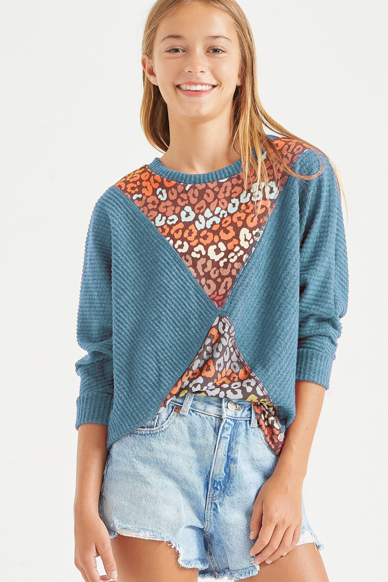 Teal Leopard Colorblock Dolman Sleeve Sweater