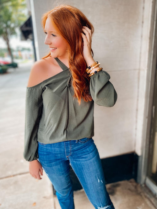 Small - Next Step Cold Shoulder Top - OIive