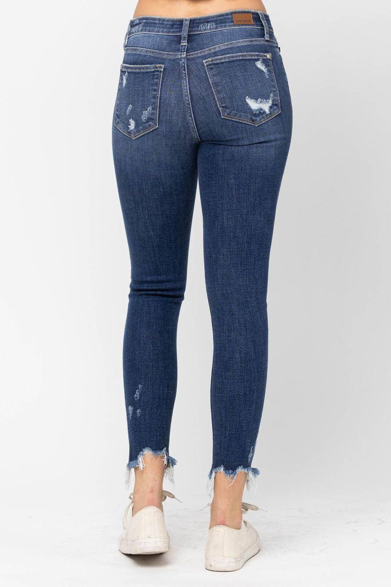 OE: Judy Blue Mid-Rise Raw Hem Destroyed Skinny Jeans