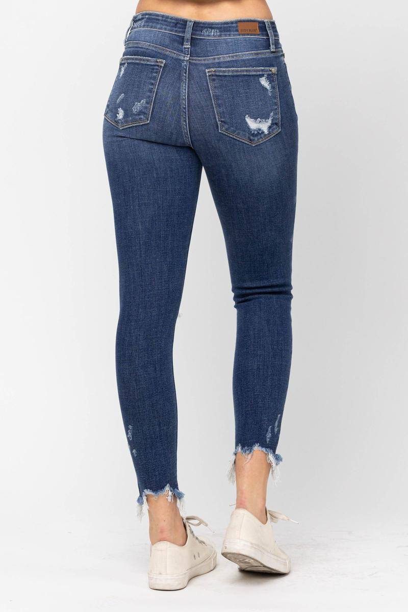 OE: Judy Blue Mid-Rise Raw Hem Destroyed Skinny Jeans – shoptheexchange