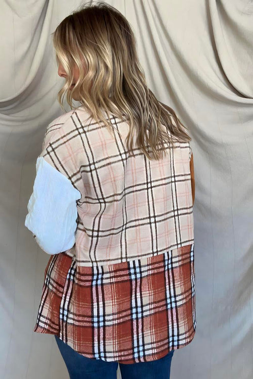 OE: Plaid Color Block Patchwork Shacket With Pocket