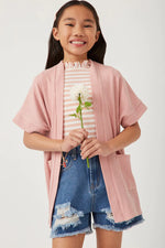 Waffle Knit Short Sleeve Open Cardigan - Pink