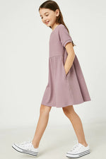 Purple Short Sleeve Pocket Texture Rib Knit Tunic Dress
