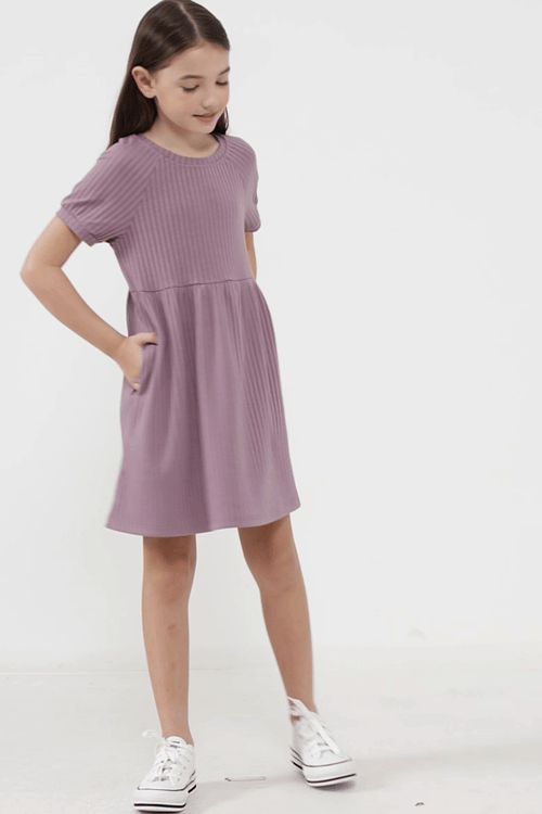 Purple Short Sleeve Pocket Texture Rib Knit Tunic Dress