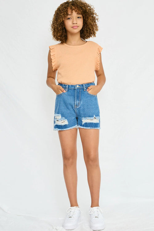 Frayed Distressed Denim Shorts - Dark Denim - shoptheexchange