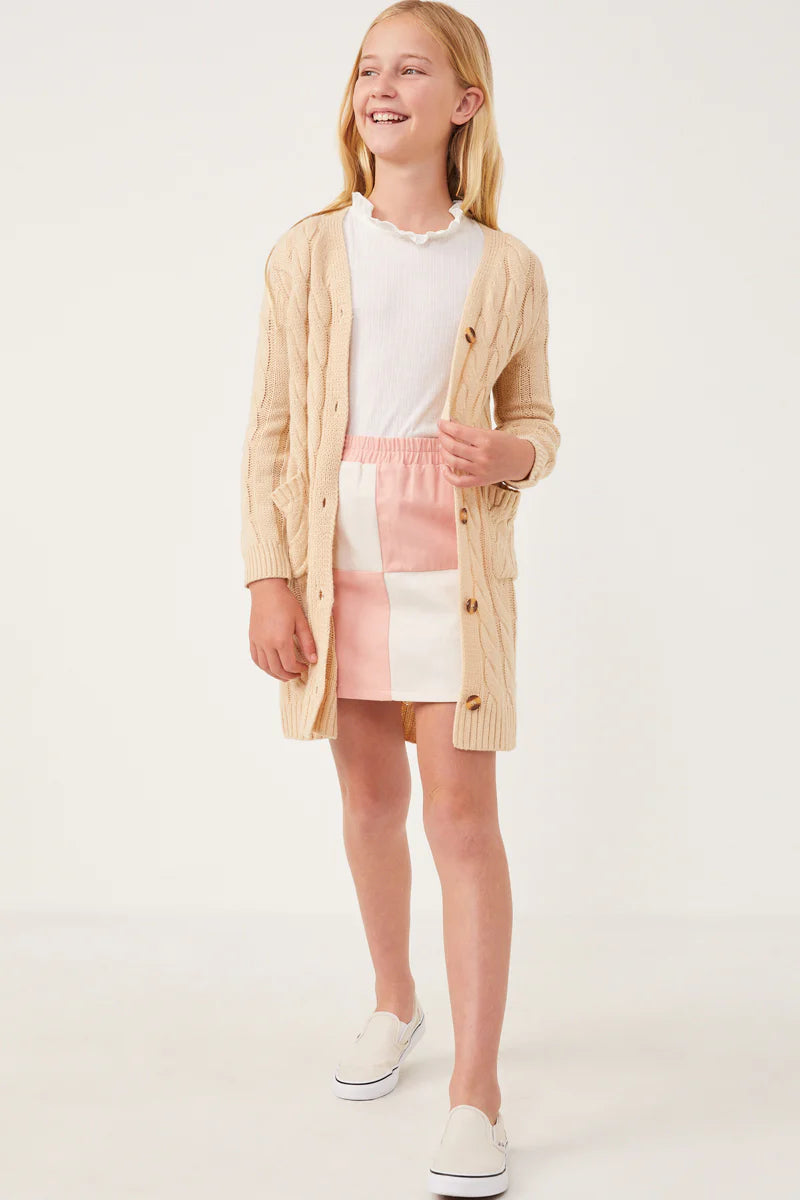 Beige Cable Detail V Neck Buttoned Longline Sweater Cardigan