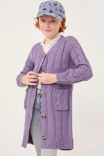 Lavender Cable Detail V Neck Buttoned Longline Sweater Cardigan