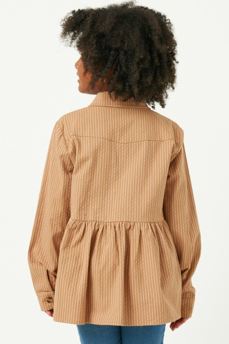 Taupe Long Sleeve Textured Pinstripe Peplum Button Up Shirt - shoptheexchange