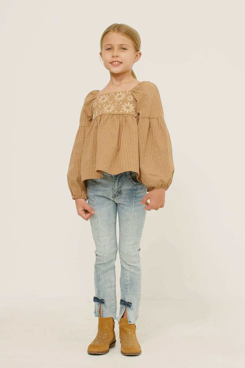 Floral Petal Embroidered Bodice Puff Sleeve Textured Stripe Top - shoptheexchange