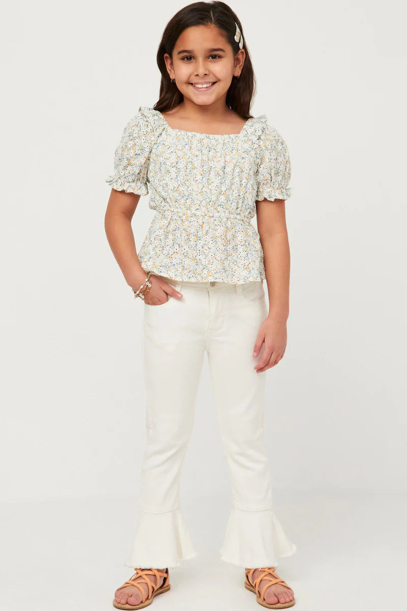Ivory Embroidered Eyelet Ruffled Floral Peplum Top