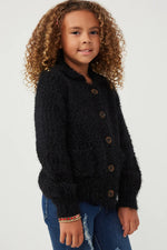 Black Fuzzy Popcorn Knit Button Up Collared Sweater Cardigan