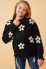 Black Distressed Floral Patterned Pullover Sweater