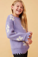 Lavender Distressed Floral Patterned Pullover Sweater