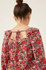 Floral Print Ruffle Shoulder Long Sleeve Textured