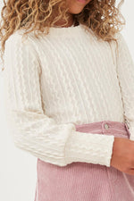 Ivory Long Cuff Cable Knit Pullover Top